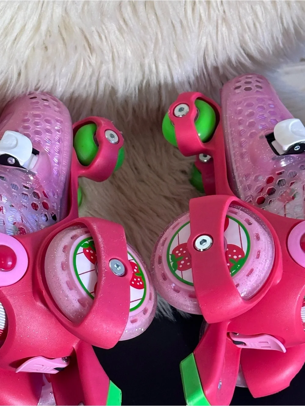 Adjustable Kids Pink Strawberry-Print Light-Up Roller Skates
